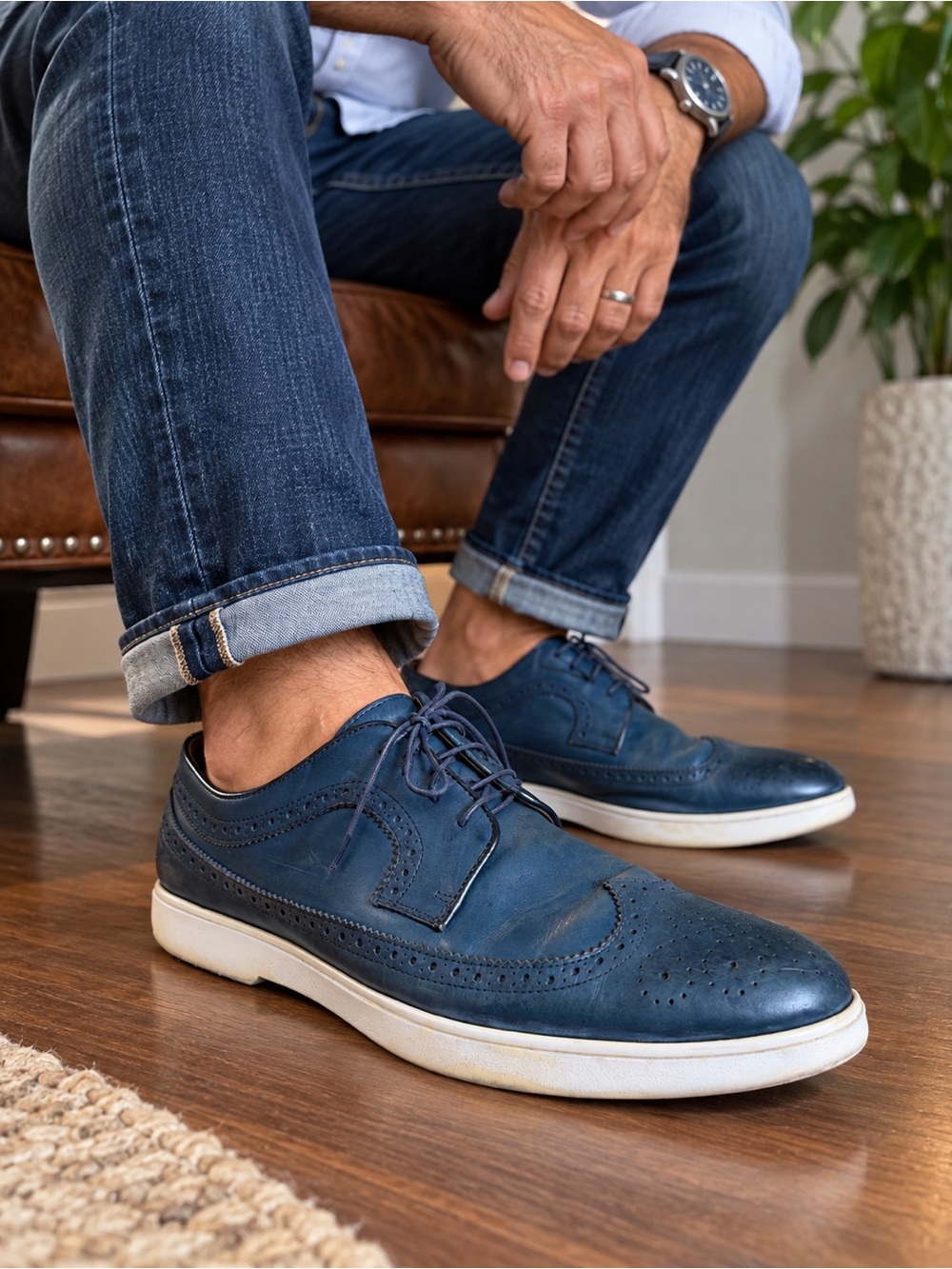 🍁Paul Fredrick Blue Italian Leather Wingtip Oxford Shoes Men Size 12